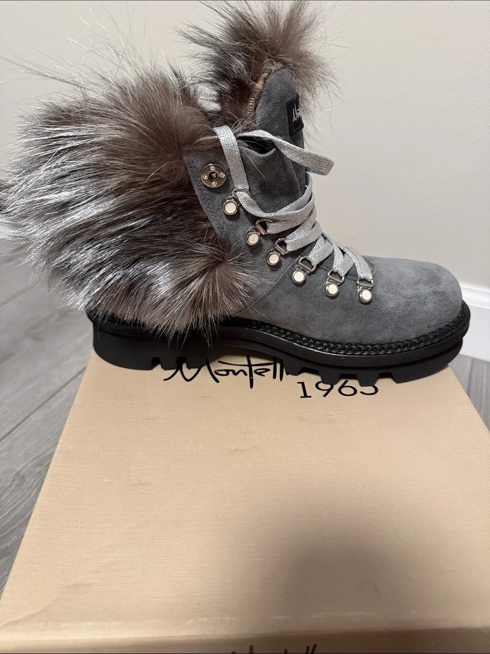 Gray Suede Fur Trim Women's Ankle Boot
